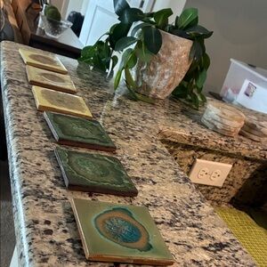 Anthropologie Green and Gold Agate Coaster Set
